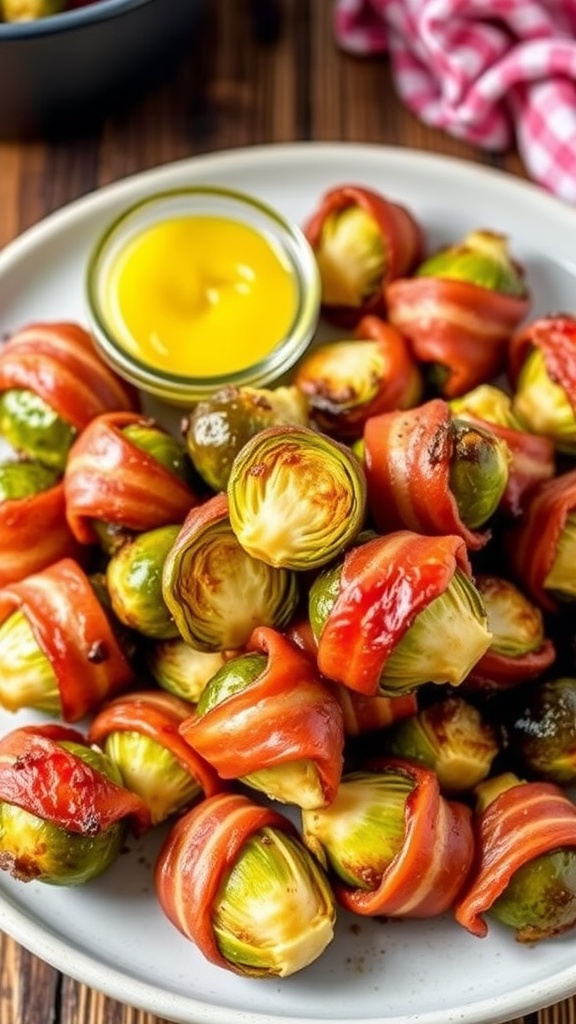 Crispy Air Fryer Bacon-Wrapped Brussels Sprouts Crispy bacon-wrapped Brussels sprouts on a plate with mustard for dipping.